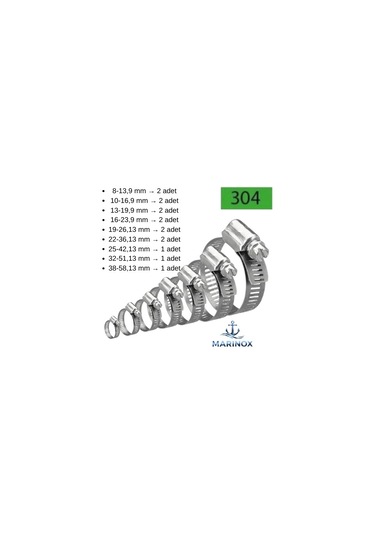 Paslanmaz Hortum Kelepçesi - Karışık Marine Premium Set 15 Parça 8-58 Mm