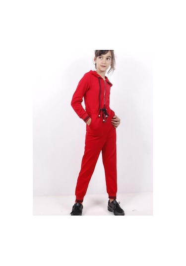 Toontoy Kız Çocuk Beli Bağçıklı Kapşonlu Tulum Kırmızı