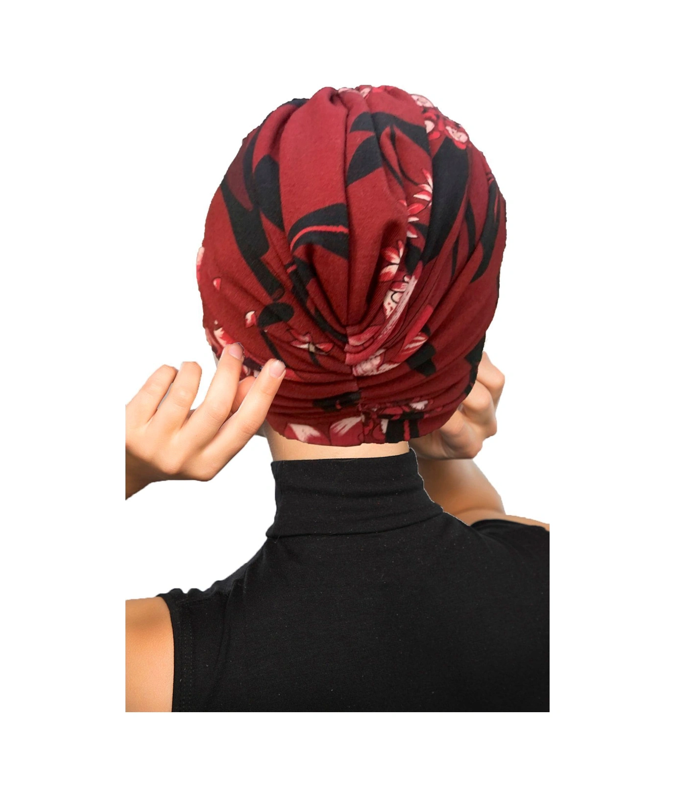 Fidan Desenli Çapraz Penye Bordo Yaprak Motifli Hazır Türban Tesettür Havuz Bonesi Bordo-yaprak