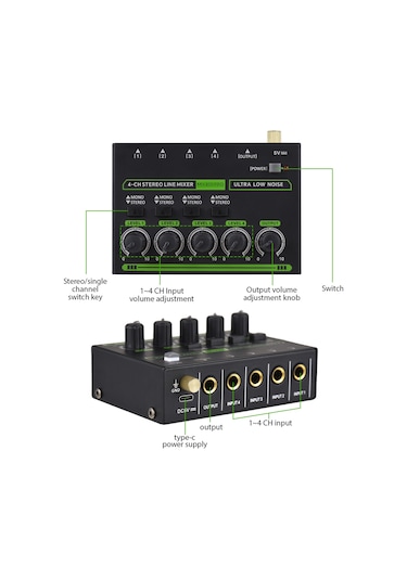 Hfambition Max400-pro Mini Ses Mikseri: 4 Kanal, Ultra Düşük Gürültü, Stereo/monofon Dönüşümü, 6.35mm Giriş, Avrupa Şarj 100-240v 11"
