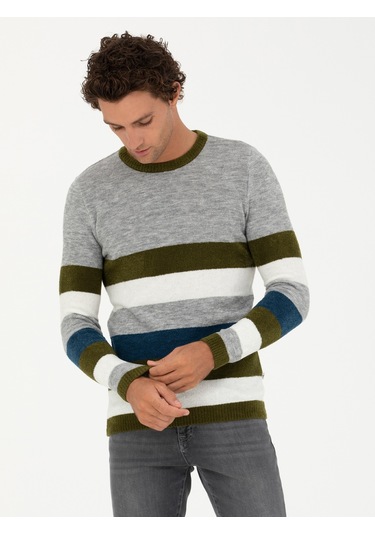 Cacharel Haki Slim Fit Bisiklet Yaka Triko Kazak Yesıl