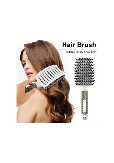 Ximistore9 Beyaz Domuz Tüyü Kavisli Saç Fırçası - Saç Derisi Masajı Ve Dürtme Önleme, Islak Ve Kuru Saç İçin Uygun