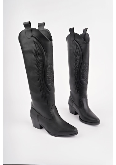 Muggo Rodeo Dikiş Detaylı Kalın Topuklu Kovboy Kadın Çizme siyah