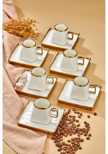 Carmen 6 Kişilik Porselen Gold Detaylı Kahve Fincan Takımı