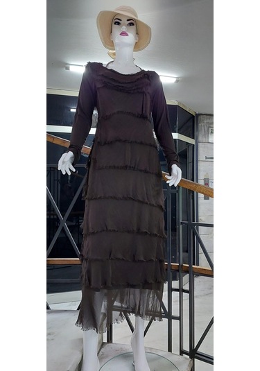 Italyan 2 Beden İnce Gösteren Kat Kat Uzun Kol Taşlanmış İpek Elbise Koyu Kahve