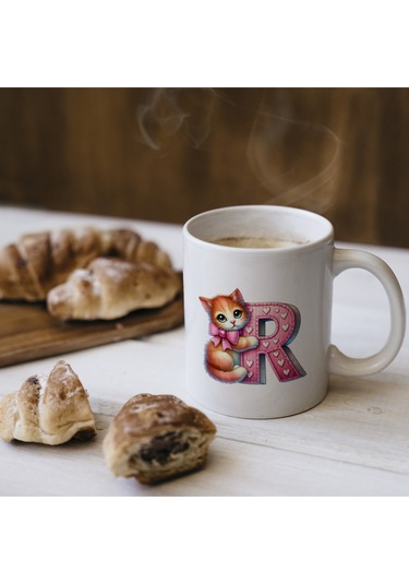 R Harfli Bardak, Sevimli Kedili Pembe Tasarım Bardak, Arkadaşa Aileye Hediye Porselen Beyaz