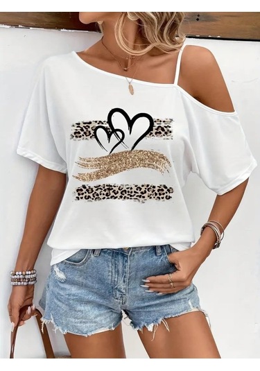 Kadın Tek Omuzu Açık Ip Askılı Baskılı Viskon Bluz Beyaz