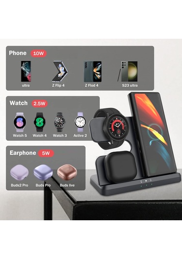 Maiyame Samsung Uyumlu Telefon, Saat Ve Kulaklık İçin 15w Hızlı Şarj, Dikey Masaüstü 3'ü 1 Kablosuz Şarj Aleti, Siyah, Avrupa Standartı