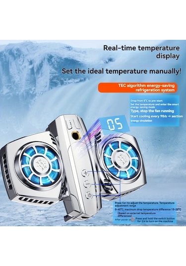 Xuweiwei Metalik Gümüş Yeni Nesil Mobil Telefon Soğutucu Canlı Yayın Standı Desteği Led Işık Dijital Sıcaklık Kontrolü Hava Soğutmalı Tablet Soğutma