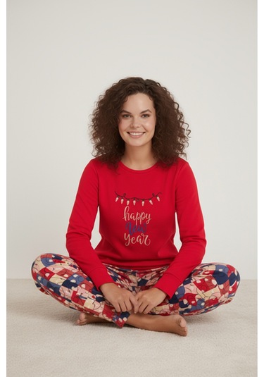 Luxury Thermal Happy New Year Desenli Kadın Polar Kışlık Pijama Takımı 42049 Bordo