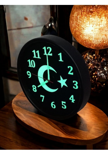 Fosforlu Gece Görünen Ayyıldız Duvar Saati Çap 28 Cm Cam Yok Siyah
