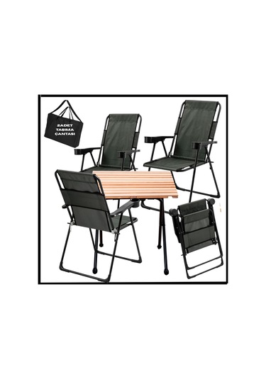130 Kg Taşıma Haki 4 Adet Katlanır Kamp Sandalyesi Ve Masa Seti -taşıma Çantalı - Tab. Haki