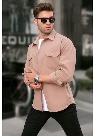 Madmext Bej Basic Regular Fit Erkek Gömlek 6716 Bej