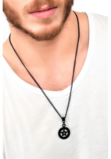 Erkek Siyah Oksit Kaplama Pentagram Simge Uçlu Kolye Siyah