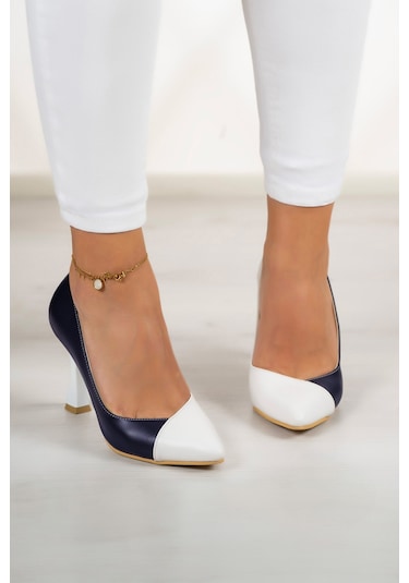 Erkan Saçmacı Jatqılı Plus Lacivert Beyaz İnce Kadeh Topuklu Klasik Ayakkabı Lacivert