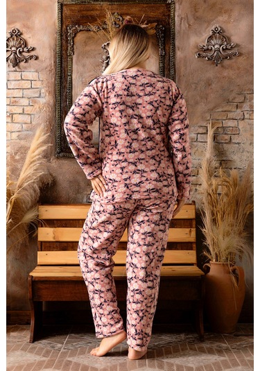 Nisanca Büyük Beden Peluş Polar Pijama Takımı- Kışlık Büyük Beden Kadın Pijama Lacivert