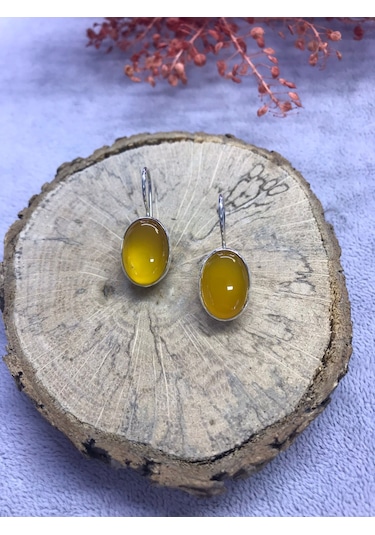 Sarı Akik Taşı Gümüş Küpe 925 Ayar Doğal Taş