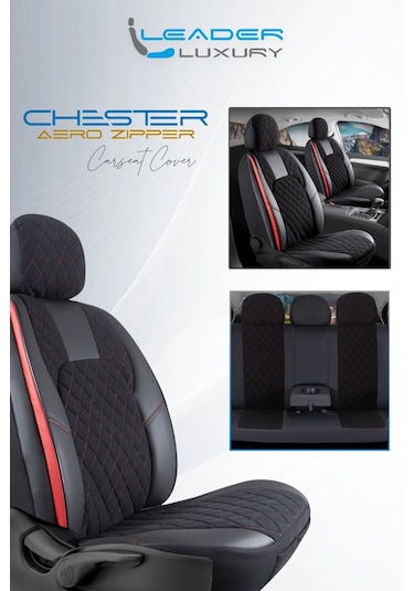 Toyota Avensis Lüx Yarı Deri Oto Koltuk Kılıfı Ön Arka Takım Chester Siyah Kırmızı