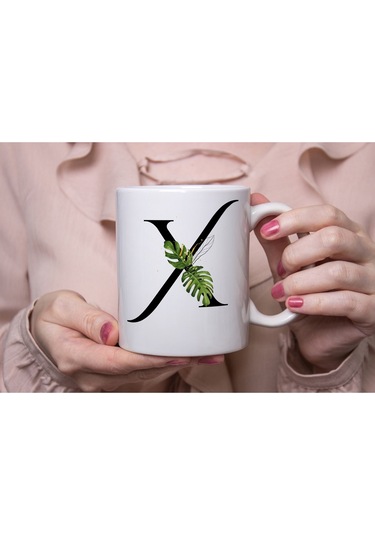 X Harf Zarif Yaprak Desenli Kupa Bardak - Naturel Sade Alfabe Harfli Bardak - Kişiye Özel Hediye Beyaz