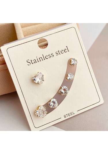 Tektaş Küpe Kalp Model Tektaş Üçlü Set Küpe Kararmaz Çelik Gold