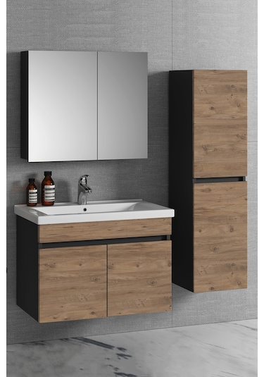 Çiğdem 80+35 Cm Antrasit Gri Mat-Atlantik Çam Mdf Seramik Lavabol Antrasit - Atlantik Çam