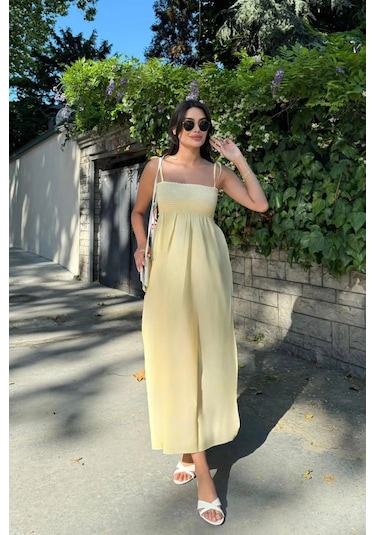 Uzun Pamuklu Yaz Elbisesi Askısı Bağlamalı Astarsız 4301 Sarı