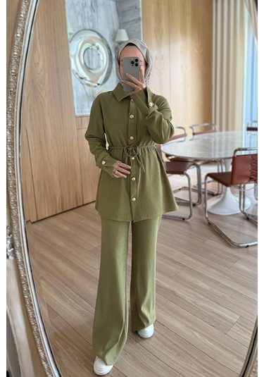 Gold Düğme Detaylı Fitilli Takım - Yağ Yeşili Yağ Yeşili