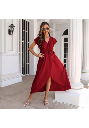 Gmxıa Kadın Modası Günlük Düz Renk Baskı Kısa Kollu V Yaka Bluzlar Ve Gömlekler Kırmızı