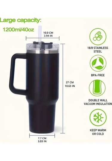 Trendooze 40 Oz Paslanmaz Çelik Gri Sızdırmaz Termos Matara Kapaklı Pipetli Gaojunshop01 Gri