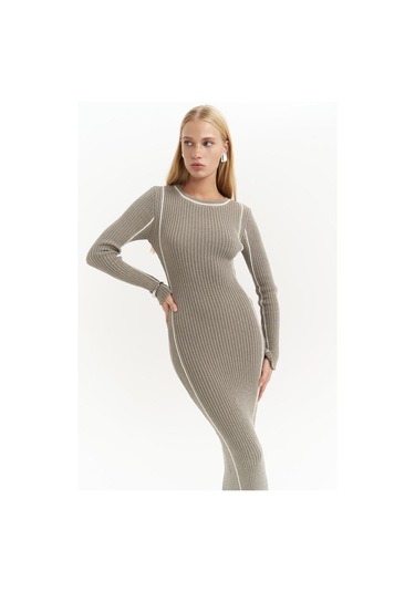 Aston Çizgi Detay Gri Triko Elbise Gri