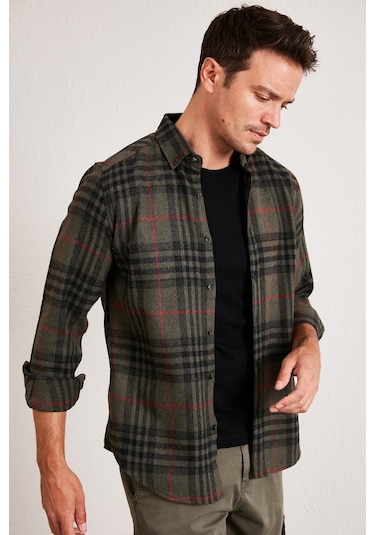 Buratti Ekoseli Uzun Kollu Slim Fit Kışlık Erkek Gömlek Cf21W112844 Haki