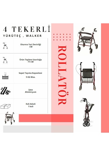 Medkimsan Rolatör | 4 Tekerli Yürüteç | 130 kg Taşıma Kapasiteli | Sepetli Lüx