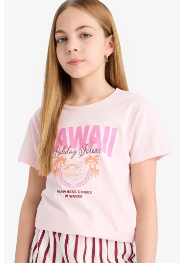 DeFacto Kız Çocuk Pijama Takımı Baskılı Kısa Kollu Tişört Çizgili Şort E6558A825SMPN343 Pembe