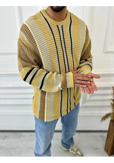 Kazak Oversize Renkli Örgü Desenli Naturel Pamuk Bol Kesim Salaş Triko Kazak Taba