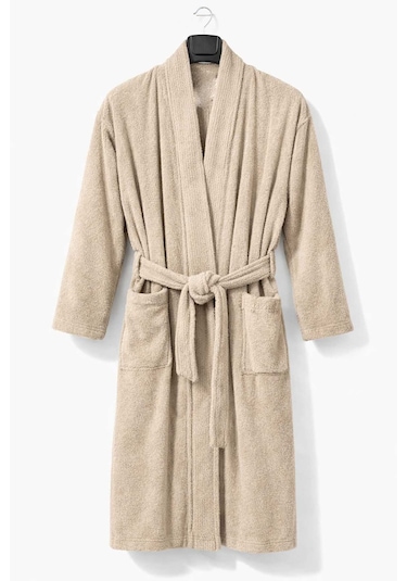 Kimono Yaka Unisex Pamuklu Tek Kişilik Bornoz Bej Renkli