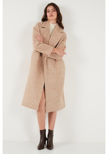 Lela Oversize Fit Mono Yaka Düğmeli Buklet Uzun Kaşe Bayan Kaban 6810236 Bej