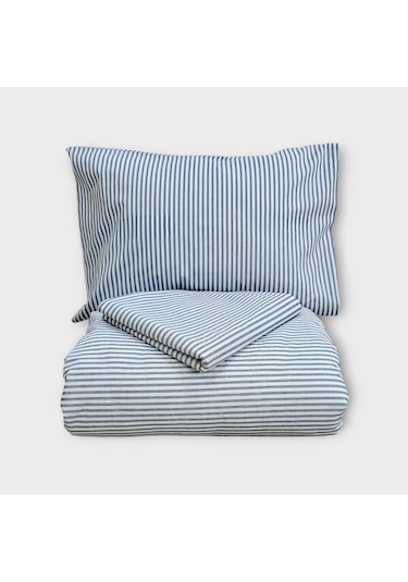 Çift Kişilik %100 Pamuk İnce Çizgili Nevresim Takımı | Lacivert & Beyaz | 4 Parça | Yumuşak Dokulu Lacivert - Beyaz