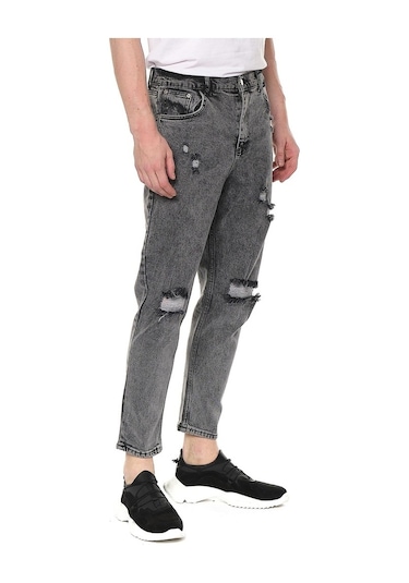 Bol Kesim Yırtıklı Erkek Kot Pantolon Siyah