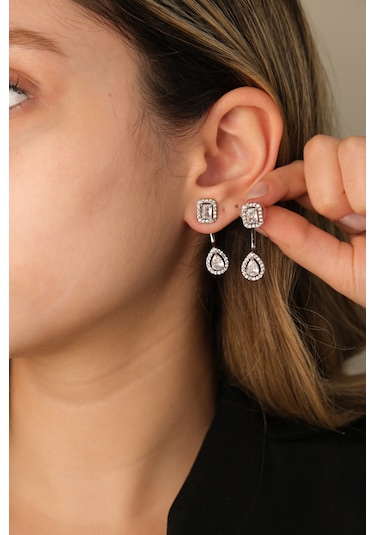 Çildan Womens Silver Zirkon Taşlı Özel Tasarım Damla Küpe