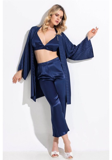 Kadın Yazlık Saten Çizgili Braletli Sabahlıklı Üçlü Set Flz 31-65 Lacivert