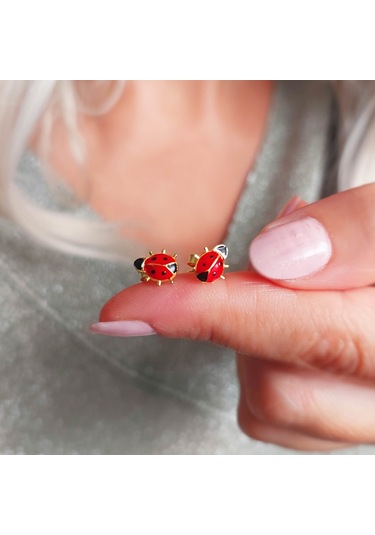 925 Ayar Gümüş Kırmızı Uğur Böceği Küpe Gold