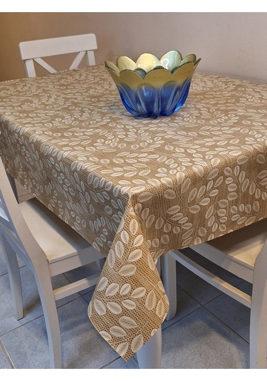 Elyaflı Pvc Muşamba - Desenli Silinebilir Masa Örtüsü Krem Fnt1248 Bej