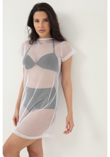 By Papi Kısa Kollu File Elbise Beyaz