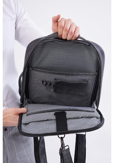Derinss Dub3050 Hakiki Deri Gri Gölge Organizerli Laptop Sırt Çantası 001