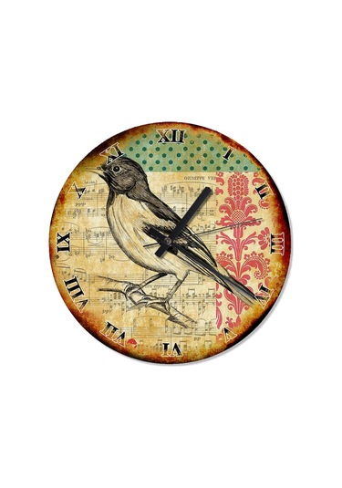 Eski Zeminde Müzik Notaları Kuş Duvar Saati Çok Renkli