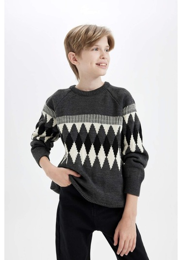 DeFacto Erkek Çocuk Bisiklet Yaka Baklava Desenli Triko Kazak C3138A824CWGR228