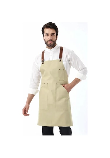 Barista Askılı Önlük Kanguru Cepli Deri Kemerli - Bej