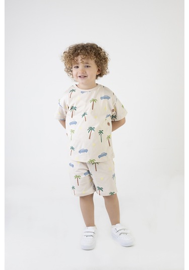 Erkek Çocuk Palmiye Baskılı Çizgili Kısa Kollu Şortlu Alt Üst Takım 001
