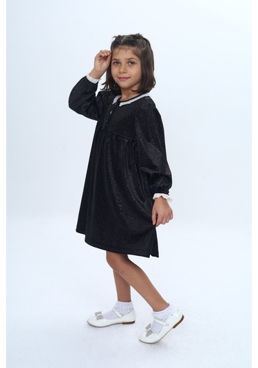 Toontoy Kız Çocuk Yaka Düğmeli Fırfırlı Elbise Siyah