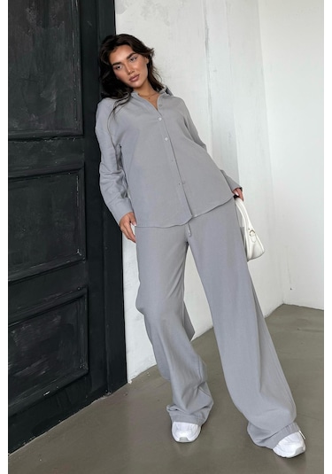Madmext Boyalı Gri Keten Kadın Gömlek Pantolon İkili Takım Mg2356 Boyalı Gri